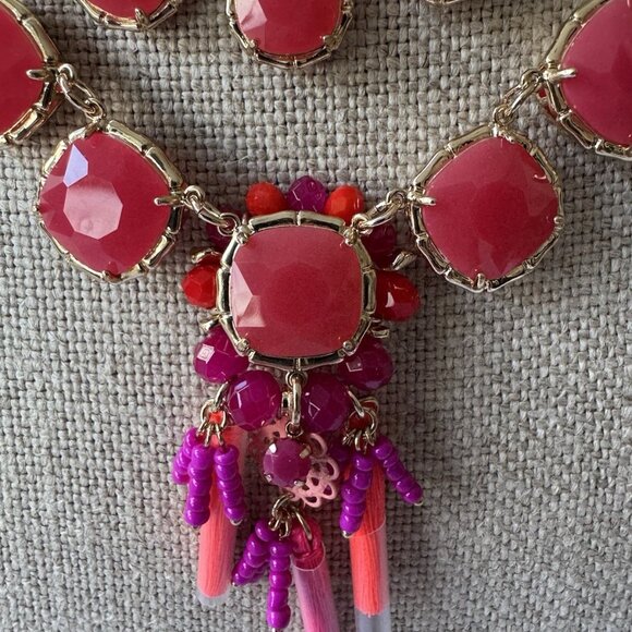 Lilly Pulitzer Goldtone Red Pink Bead Tassel Statement Necklace Earring SET NEW - Picture 2 of 14